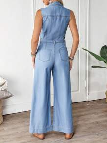 EMERY ROSE Combinaison en jean sans manches pour femme avec taille nouée et poches, décontractée - Bleu azur - Voir 2