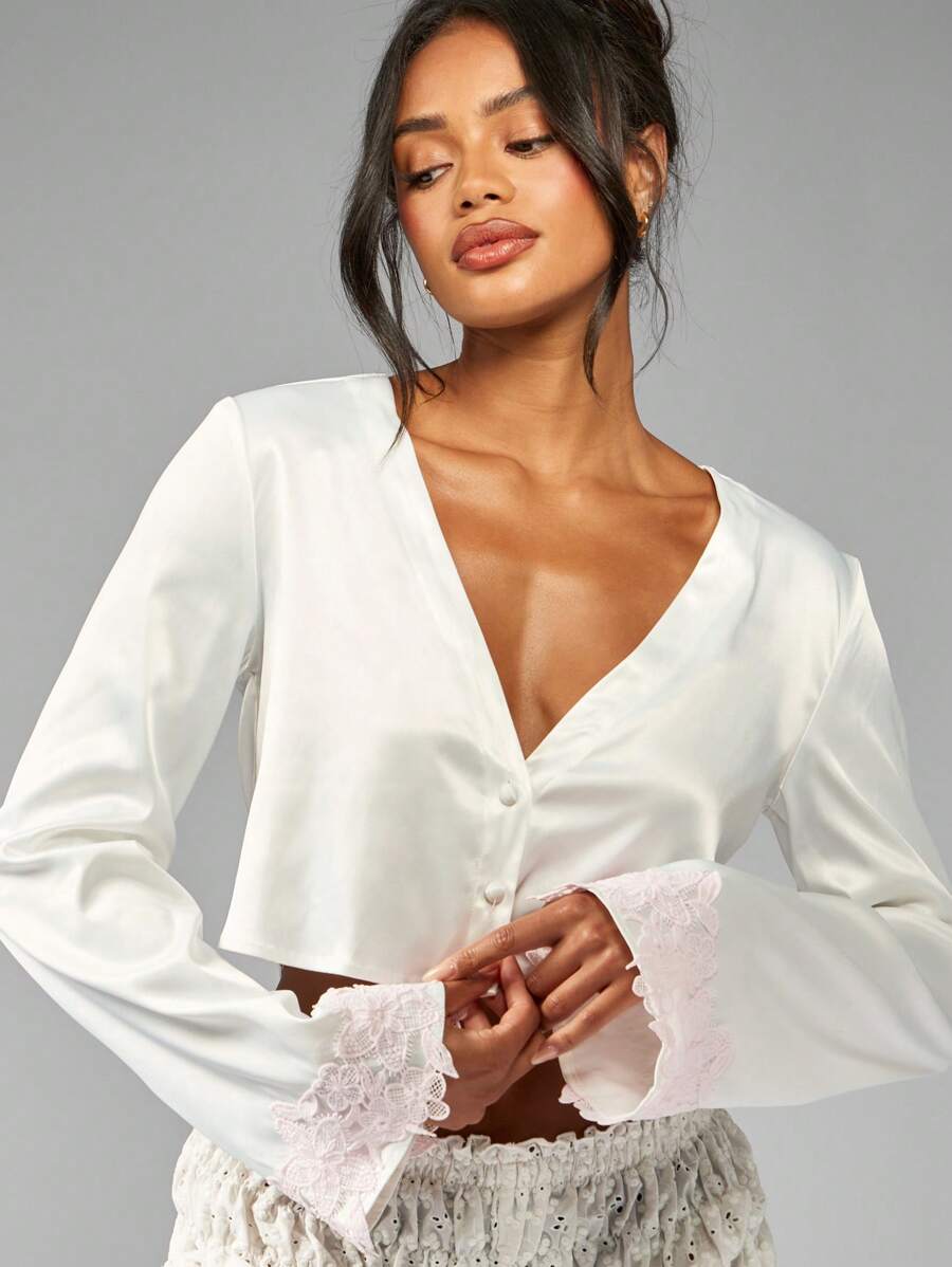 MISSGUIDED Premium Satin Button Front Crop Blouse Lace Bell Sleeve Wedding Bridal Bridesmaid Special Occasion Elegant Evening Party Top - White - View 1