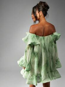 MISSGUIDED Đầm ngắn tay dài trễ vai dáng xòe bồng bềnh bằng vải voan, thích hợp cho tiệc cưới, tiệc chiêu đãi và các dịp lễ hội buổi tối. - màu xanh lá - Xem 2