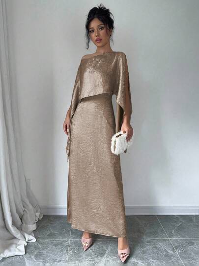 Chiquease 金色纯色不对称领口中长连衣裙女装