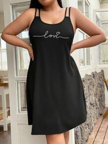 SHEIN Plus Size Casual Letter Print Sleeveless Nightgown - Black - View 6