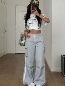 SHEIN 青少年女孩宽松实用工装裤，休闲校园风格，舒适时尚，柔软面料适合日常穿着、学校、户外、所有季节 - 淺灰色 - 查看 3