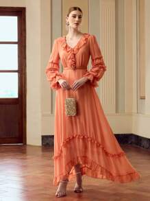 ZEYLAH Women's Elegant Floral Lace Trim Long Sleeve Dress, Solid Color Fall Cloth For Women