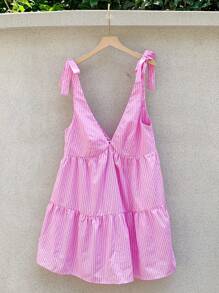 Comfortcana Damen Neues gestreiftes Minikleid mit V-Ausschnitt, Schleife und Babydoll-Stil