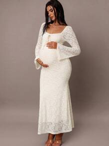 MaterniChic Maternity Lace Dress  Autumn And Winter Fall Women Clothes Maternity Elegant Contrast Lace Bell Sleeve Dress Winter Dresses For Women - Apricot - View 5