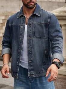 Manfinity Homme Men Washed Button Up Long Sleeve Denim Jacket, Fashion, Suitable For Summer, Fall - Blue - View 4