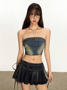 Rina Fox 女式夏季孔眼扣短款牛仔吊带背心 - 藍色 - 查看 3