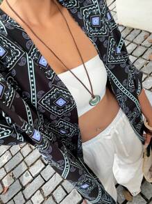 Sunnyshic Multi-Color Cashew & Paisley Pattern Retro Retro Print Spring/Summer Boho Beach Resort Travel 3/4 Sleeve Cardigan Jacket - Multicolor - View 5
