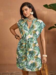 Travachic The White Lotus Lightweight Cap Sleeve Tropical Print Boho Dress With Adjustable Belt Ideal For Summer Travel Tropical Dress Vacation Dress Tropical Vacation Dress Island Dress Palm Leaf Dress - Green - View 6