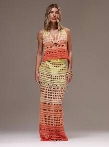 Musera Resort 渐变色开放式钩针编织直筒长裙罩衫仅限夏季假期伊比沙岛优雅伊比沙岛可爱海滩节狂欢波西米亚风假日，夏季少女柔和色调 - 黃色 - 查看 4