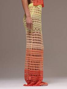 Musera Resort 渐变色开放式钩针编织直筒长裙罩衫仅限夏季假期伊比沙岛优雅伊比沙岛可爱海滩节狂欢波西米亚风假日，夏季少女柔和色调 - 黃色 - 查看 5