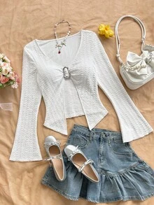 Soleia 女式休闲白色针织纹理露背系带金属扣合身不对称下摆长袖 T 恤，波西米亚风，波西米亚风，浪漫花卉，度假风，花卉 - 白色 - 查看 3