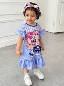 SHEIN Baby Girls' Loose Casual Simple Comfortable Round Neck Pullover Cartoon Pattern Ruffle Hem Dress - Blue - View 3