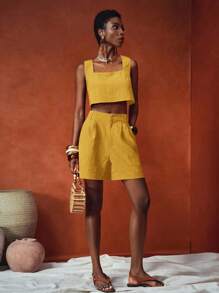 Zivah Bộ 2 món: Áo cổ vuông không tay và quần short trơn màu có họa tiết, Phù hợp cho kỳ nghỉ, Thường ngày, Đi làm, Ngày của Mẹ, Đám cưới, Lễ hội âm nhạc, Cocktail, Câu lạc bộ, Xuân/Hè 2025, Bộ đồ hai mảnh màu đỏ nâu/Vải lanh/Bộ đồ hai mảnh màu vàng/Bộ đồ hai mảnh mùa hè cho nữ - Màu vàng - Xem 6