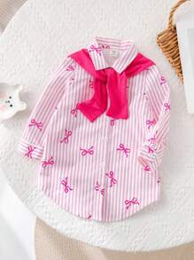 SHEIN Babygirl 休闲粉色和白色条纹蝴蝶结领口披肩连衣裙 - 粉色 - 查看 7