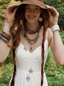 Florisole 波西米亚刺绣吊带蕾丝拼布女式夏装 - 白色 - 查看 4