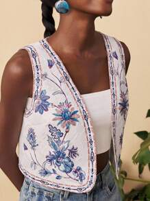 Travachic 花卉印花轻薄棉质外套、休闲度假、文艺复兴博览会、秋冬牛仔上衣 - 藍白色 - 查看 3