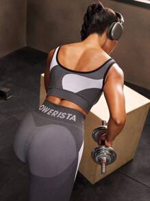 Powerista Áo ngực thể thao sọc in chữ dành cho nữ hàng ngày - Xám - Xem 7