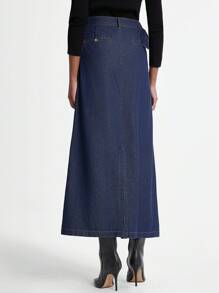 Daynim 女式休闲开衩长款牛仔裙 - 深色水洗藍 - 查看 2