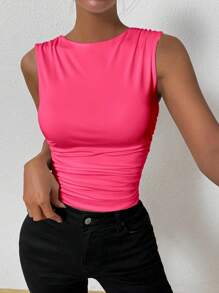 Chiquease Casual Solid Color Ruched Slim Fit Tank Top, Summer - Coral Pink - View 5