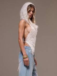 MUSERA Knitted Hooded Racer Asymmetrical Hem Textured Fluffy Top Festival Concert Rave Club Sexy Going Out Tops Club Fall Spring Summer Holiday - White - View 1