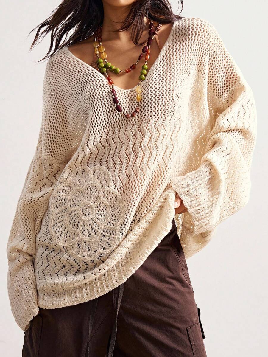 Bohemela Women Solid Color Hollow Out Knitted Sweater, Casual Holiday Fall Tops,Knitted Sweater - Apricot - View 1
