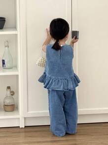 SHEIN 2 件套女婴牛仔上衣和裤子套装，乡村风格时尚休闲基本款组合，适合春夏过渡 - 藍色 - 查看 2