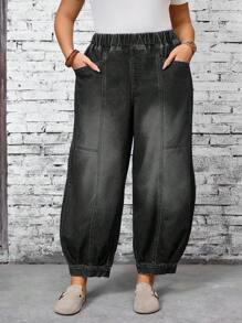 EMERY ROSE Plus Size Casual Loose Fit High Waist Elastic Waist Wide Leg Jeans,Fall Clothes For Women - Black - View 6