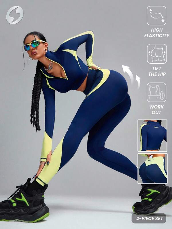 Innovista Zweiteiler für Frauen mit Farbblockkontrast-Nähten, ausgeklügeltes zweifarbiges Design, Trainingskleidung, atmungsaktive aktive Crop-Top-Jacke mit Reißverschluss, T-Shirt mit Po-anhebender Leggings, Handytasche, Zweiteiler für tägliches Yoga, Radfahren, HIIT, Büro bis Gericht, Brunch bis Fitnessstudio, Multifunktions-Athleisure