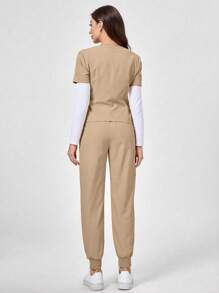 TaskEZ 2pcs Scrub Uniform Set, Loose Fit Short Sleeve Top And Drawstring Pants