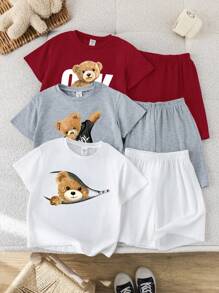SHEIN 6pcs/Set Kids Boys & Girls Cute Casual Fashion Personalized Teddy Bear Print T-Shirt & Loose Shorts Sets, Multi-Piece Suit, Suitable For Everyday Wear, Sports, Outings, School, Gatherings, Festivals, Performances, Photos, Spring/Summer - Burgundy - View 2