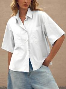 Lumivelle Fashion Blue Short Sleeve Simple Pocket Lapel Collar Women Casual Shirt - White - View 7