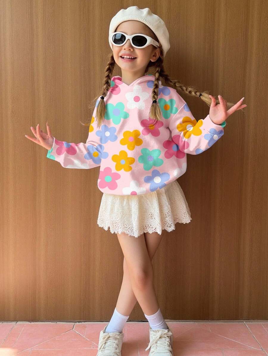 SHEIN 可爱卡通彩色多巴胺花朵印花，年轻女孩休闲宽松舒适连帽长袖针织衫，适合秋冬季，返校