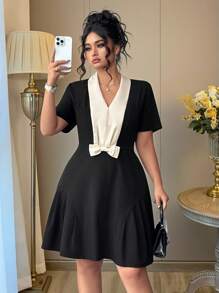 Elenzga Plus Size Women Elegant Casual Color Block Collar Bowknot, Waist Defined, Ruched A-Line Mini Dress, Short Sleeve, Spring/Summer - Black - View 3