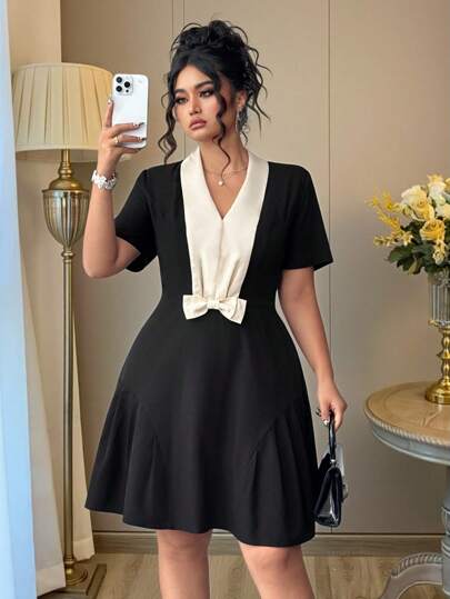Elenzga Đầm ngắn chữ A xếp ly, tay ngắn, họa tiết khối màu thanh lịch, giản dị, cỡ lớn dành cho nữ, mùa xuân/hè