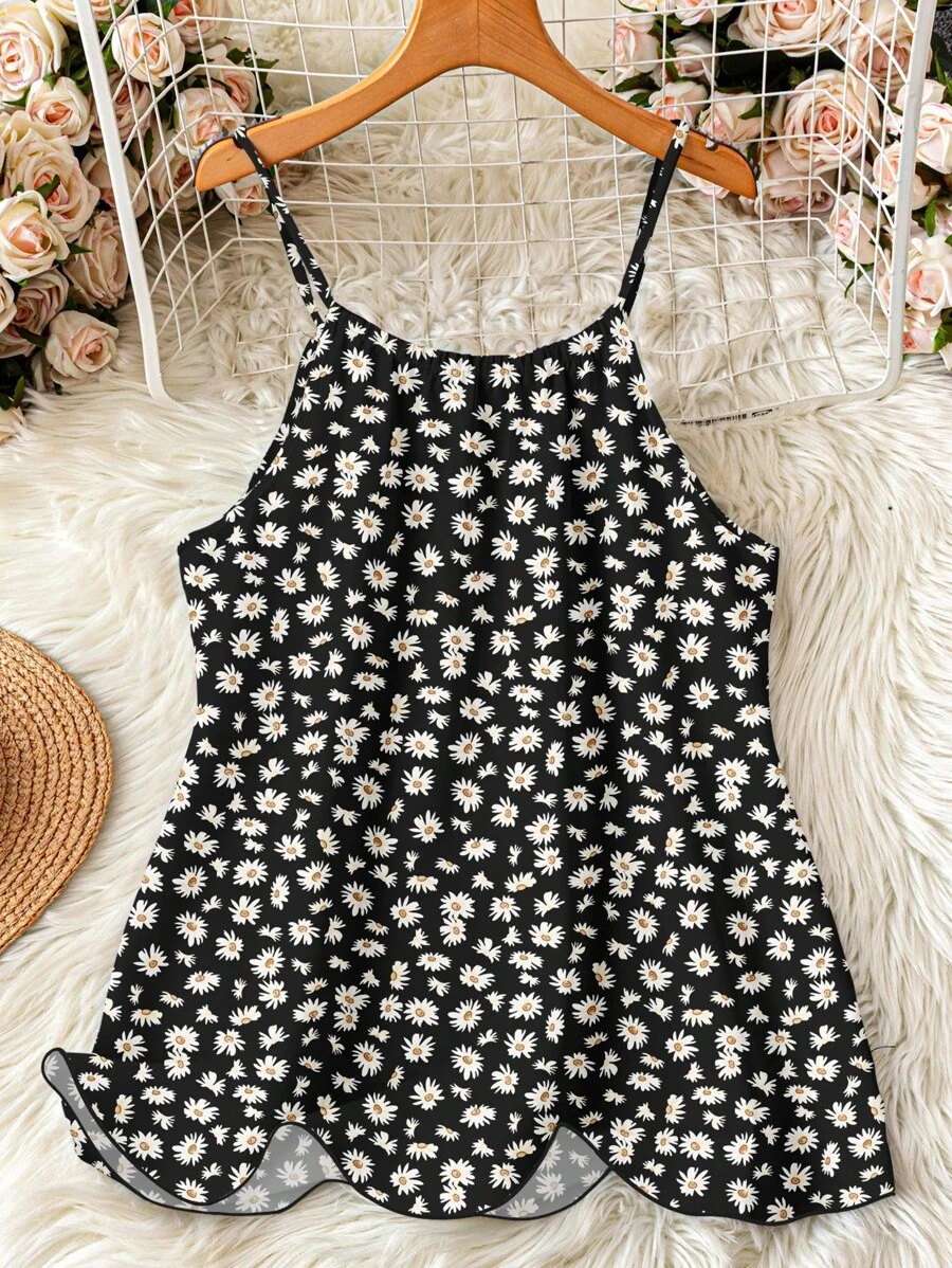 EMERY ROSE 大码女式夏季波西米亚风母亲节雏菊印花复古吊带背心，适合外出穿着 - 黑色 - 查看 1