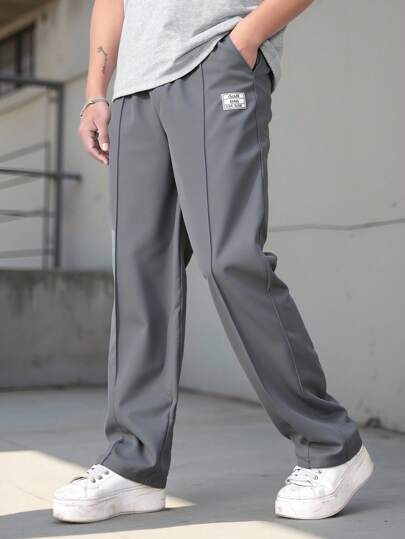 SHEIN Loose Woven Label Straight-Leg Pants For Teens, Suitable For Streetwear & Sports, Spring And Summer Fall Winter