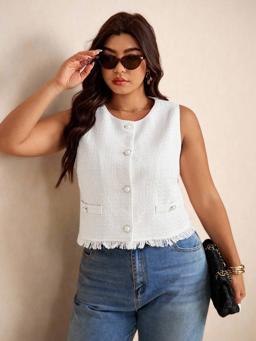 Elaquor Plus Size Simple Versatile Fitted White Sleeveless Jacket For Women, Urban Fashion, New Autumn Collection - White - View 1