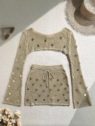 Soleia Set di vestiti da donna da vacanza, top a maniche lunghe con aperture e paillettes in tinta unita, e gonna a mezzo scivolo