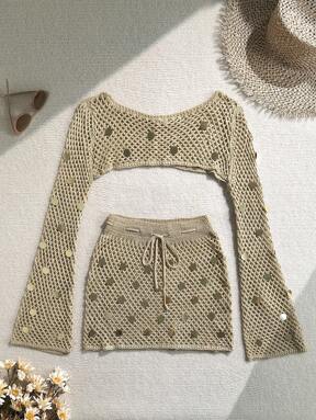 Soleia Set di vestiti da donna da vacanza, top a maniche lunghe con aperture e paillettes in tinta unita, e gonna a mezzo scivolo