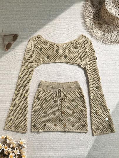 Soleia Conjunto de top de manga larga con diseño calado y lentejuelas de unicolor junto a una falda deslizante mitad para vacaciones de mujer