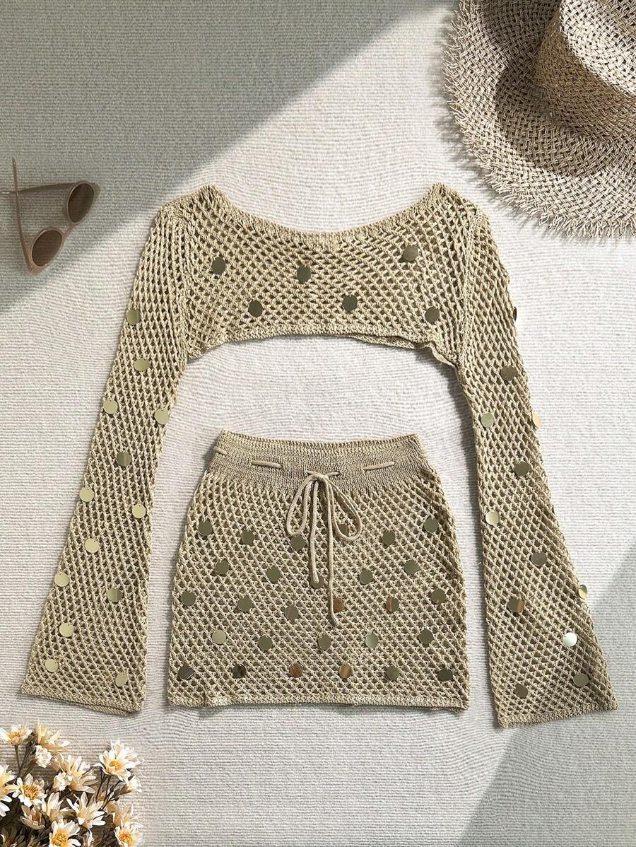 Soleia Bộ áo choàng dài tay hở vai sequin màu trơn và chân váy xẻ nửa cho kỳ nghỉ của phụ nữ - Màu Khaki - Xem 1