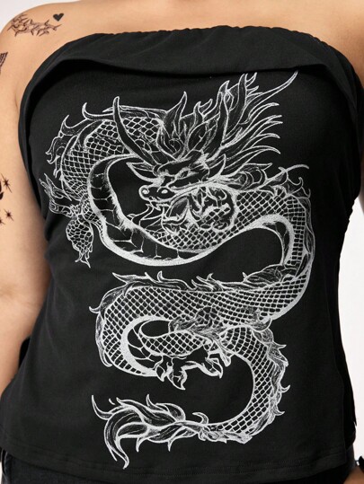 Grunge Punk Top tubo de diseño con abertura en el bajo y estampado de dragón, ajuste ceñido, talla grande, estilo subcultura Y2K para mujeres