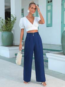 SHEIN Cottnline High Waist Dual Pocket Double Button Straight Leg Suit Pants - Navy Blue - View 6