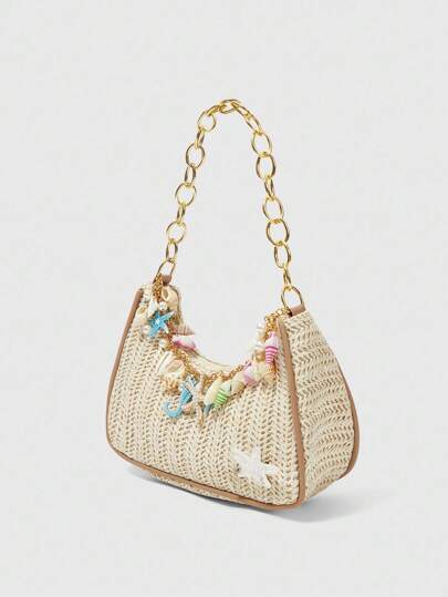 Fairycore 1pc Summer Beach Starfish Series Shell & Seashell Woven Shoulder Hand Carry Bag, Beach Bag, Straw Handbag For Women (Charm Color & Style Randomly)