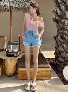 DAZY Women's Summer Slim Fit T-Shirt With Solid Color And Ruffle Trim,Crop Tops Women Going Out Tops - Pink - View 3
