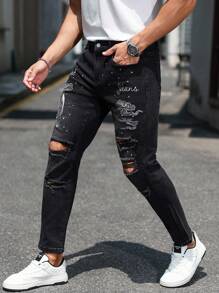 Manfinity LEGND Men's Fashion Street Style Embroidered Rhinestone Distressed Black Slim Fit Denim Jeans Men Rhinestone Jeans Men Graphic Jeans