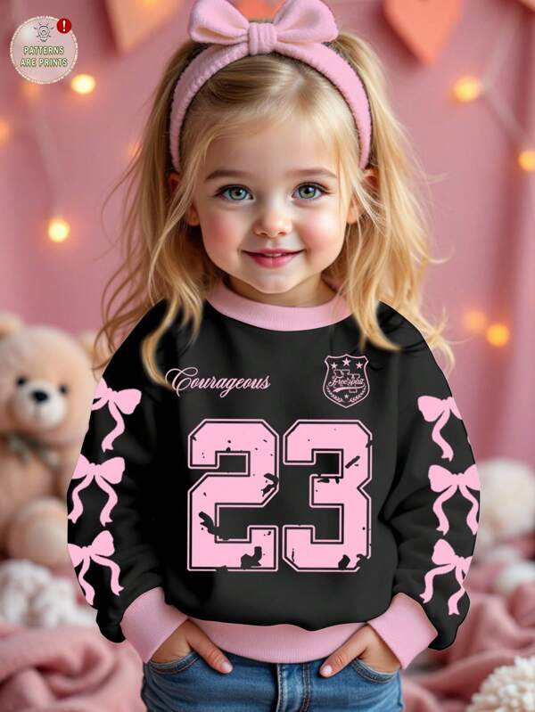 Cute Bow & 23 Number Print Sports Jersey Style Casual Loose Fit Round Neck Comfortable Everyday Knit Long Sleeve Sweatshirt For Young Girls, Suitable For Autumn/Winter