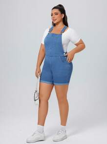 SHEIN Essnce Plus Size Women's Summer Pocket Button Fitted Denim Bib Shorts - Blue - View 4