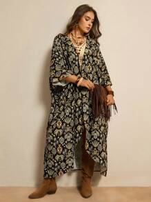 SHEIN LUNE Plus Size Women Floral Print V-Neck Batwing Sleeve Kimono Cover Up, Suitable For Vacation Vacation Outfits Woman Beach Outfits For Woman Cozy Fit  Fall Women Clothes For Summer - Dark Green - View 3